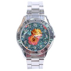 Pattern Rose Yellow Background Stainless Steel Analogue Watch by Pakrebo