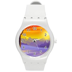 Vector Illustration Winter Sunset Round Plastic Sport Watch (m) by Pakrebo