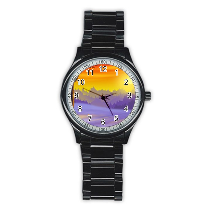 Vector Illustration Winter Sunset Stainless Steel Round Watch