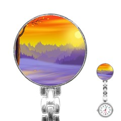 Vector Illustration Winter Sunset Stainless Steel Nurses Watch by Pakrebo