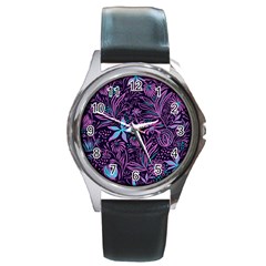 Stamping Pattern Leaves Drawing Round Metal Watch by Pakrebo