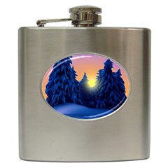 Illustration Vector Winter Sunset Hip Flask (6 Oz) by Pakrebo