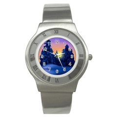 Illustration Vector Winter Sunset Stainless Steel Watch by Pakrebo