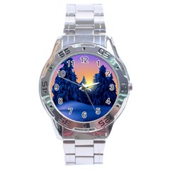 Illustration Vector Winter Sunset Stainless Steel Analogue Watch by Pakrebo