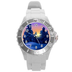 Illustration Vector Winter Sunset Round Plastic Sport Watch (l) by Pakrebo