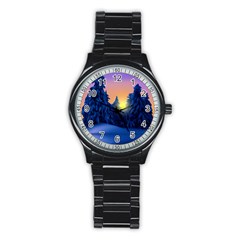 Illustration Vector Winter Sunset Stainless Steel Round Watch by Pakrebo