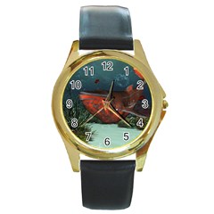 Awesome Mechanical Whale In The Deep Ocean Round Gold Metal Watch by FantasyWorld7