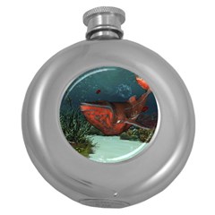 Awesome Mechanical Whale In The Deep Ocean Round Hip Flask (5 Oz) by FantasyWorld7