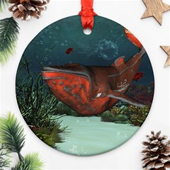 Awesome Mechanical Whale In The Deep Ocean Round Ornament (two Sides) by FantasyWorld7