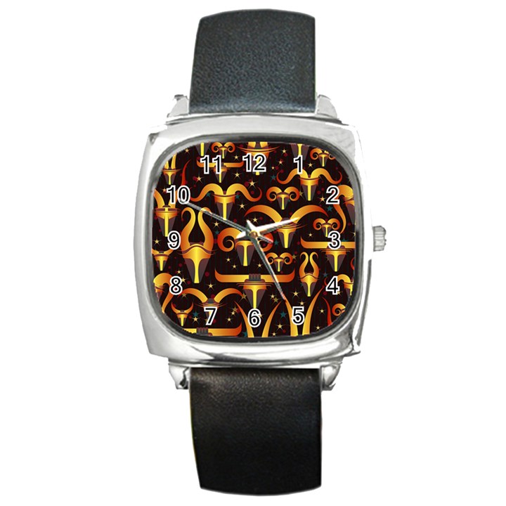 Stylised Horns Black Pattern Square Metal Watch