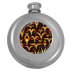 Stylised Horns Black Pattern Round Hip Flask (5 Oz) by HermanTelo