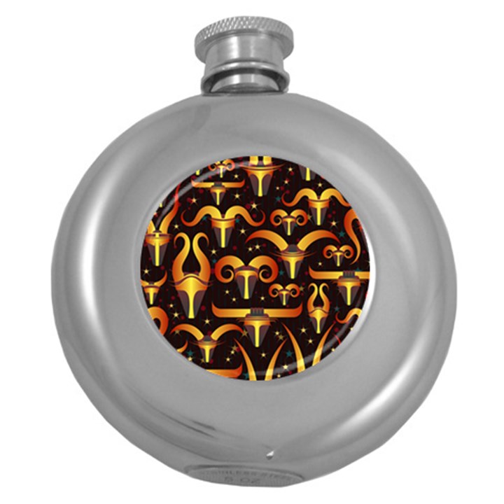 Stylised Horns Black Pattern Round Hip Flask (5 oz)