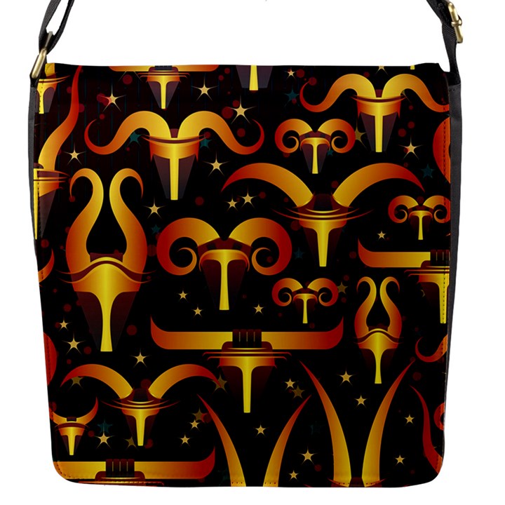 Stylised Horns Black Pattern Flap Closure Messenger Bag (S)