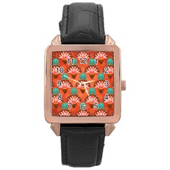 Background Floral Pattern Red Rose Gold Leather Watch 