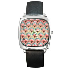 Background Floral Pattern Pink Square Metal Watch by HermanTelo