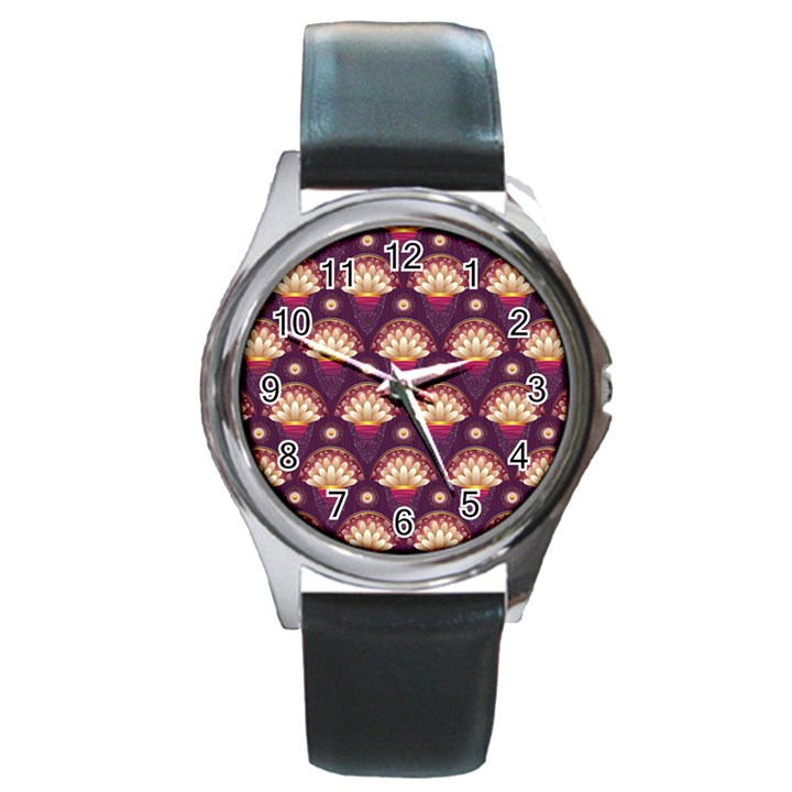 Background Floral Pattern Purple Round Metal Watch