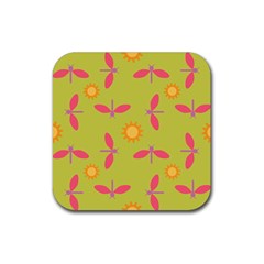 Dragonfly Sun Flower Seamlessly Rubber Coaster (square)  by HermanTelo