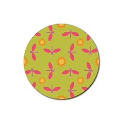 Dragonfly Sun Flower Seamlessly Rubber Coaster (round)  by HermanTelo