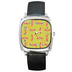 Dragonfly Sun Flower Seamlessly Square Metal Watch