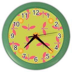 Dragonfly Sun Flower Seamlessly Color Wall Clock by HermanTelo