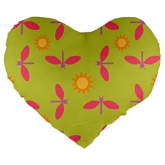 Dragonfly Sun Flower Seamlessly Large 19  Premium Flano Heart Shape Cushions