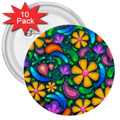 Floral Paisley Background Flower Green 3  Buttons (10 Pack)  by HermanTelo