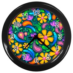 Floral Paisley Background Flower Green Wall Clock (black) by HermanTelo