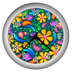 Floral Paisley Background Flower Green Wall Clock (silver) by HermanTelo