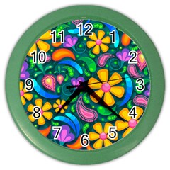 Floral Paisley Background Flower Green Color Wall Clock