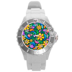 Floral Paisley Background Flower Green Round Plastic Sport Watch (l)