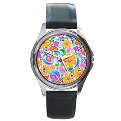 Floral Paisley Background Flower Yellow Round Metal Watch by HermanTelo