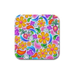 Floral Paisley Background Flower Yellow Rubber Square Coaster (4 Pack)  by HermanTelo