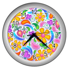 Floral Paisley Background Flower Yellow Wall Clock (silver) by HermanTelo