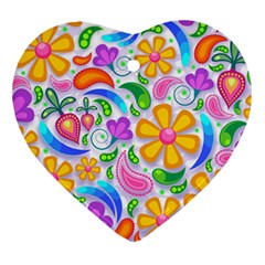 Floral Paisley Background Flower Yellow Heart Ornament (two Sides) by HermanTelo