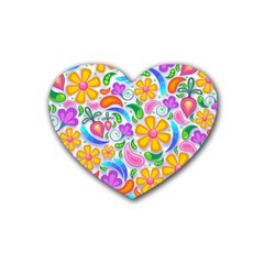 Floral Paisley Background Flower Yellow Rubber Coaster (heart)  by HermanTelo