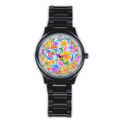 Floral Paisley Background Flower Yellow Stainless Steel Round Watch by HermanTelo