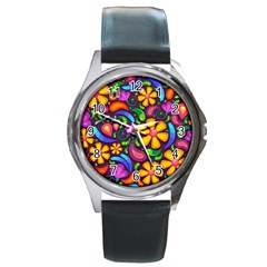 Floral Paisley Background Flower Purple Round Metal Watch by HermanTelo