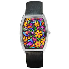 Floral Paisley Background Flower Purple Barrel Style Metal Watch by HermanTelo