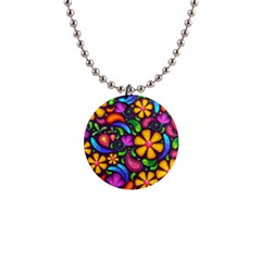 Floral Paisley Background Flower Purple 1  Button Necklace