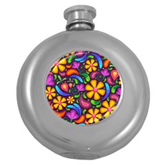 Floral Paisley Background Flower Purple Round Hip Flask (5 Oz)