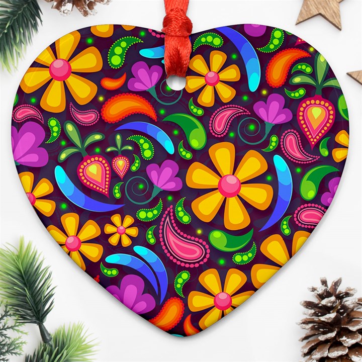 Floral Paisley Background Flower Purple Heart Ornament (Two Sides)