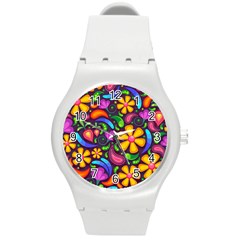 Floral Paisley Background Flower Purple Round Plastic Sport Watch (m)