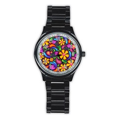 Floral Paisley Background Flower Purple Stainless Steel Round Watch