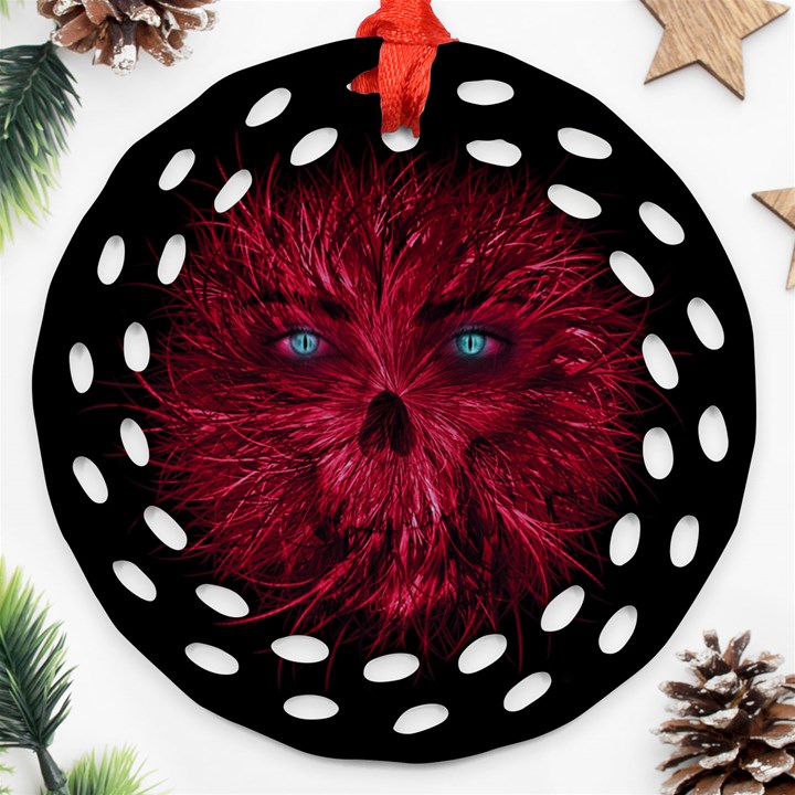 Monster Red Eyes Aggressive Fangs Ghost Round Filigree Ornament (Two Sides)