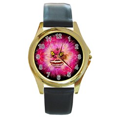 Monster Pink Eyes Aggressive Fangs Round Gold Metal Watch by HermanTelo