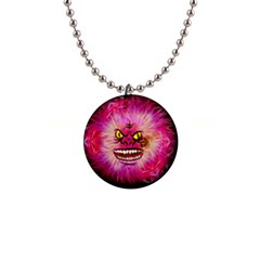 Monster Pink Eyes Aggressive Fangs 1  Button Necklace by HermanTelo