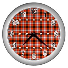 Plaid Pattern Red Squares Skull Wall Clock (silver) by HermanTelo