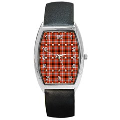 Plaid Pattern Red Squares Skull Barrel Style Metal Watch