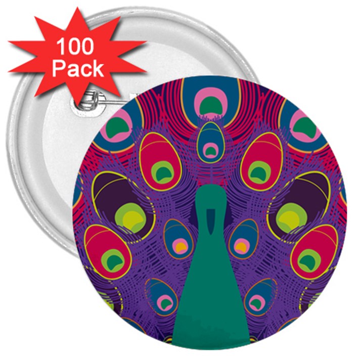 Peacock Bird Animal Feathers 3  Buttons (100 pack) 