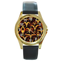 Stylised Horns Black Pattern Round Gold Metal Watch by HermanTelo